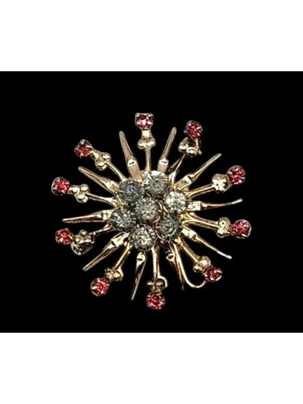 Vintage Gold Tone Asteroid Brooch Pink & Clear Rhinestones Mid-Century Starburst